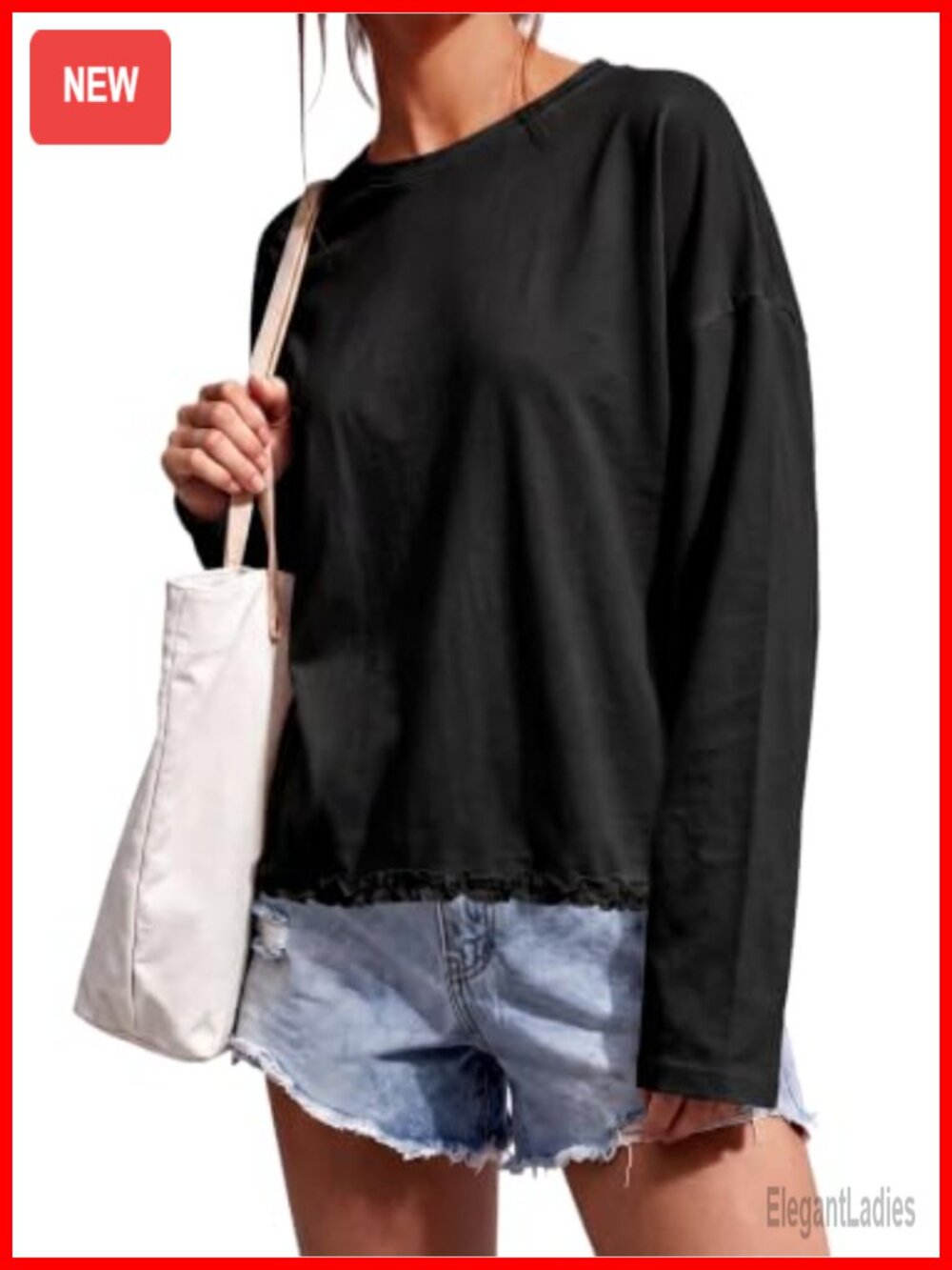 Oversized Ruffle Hem Crew Neck Boxy Long Sleeve T-Shirt Casual Womens Top